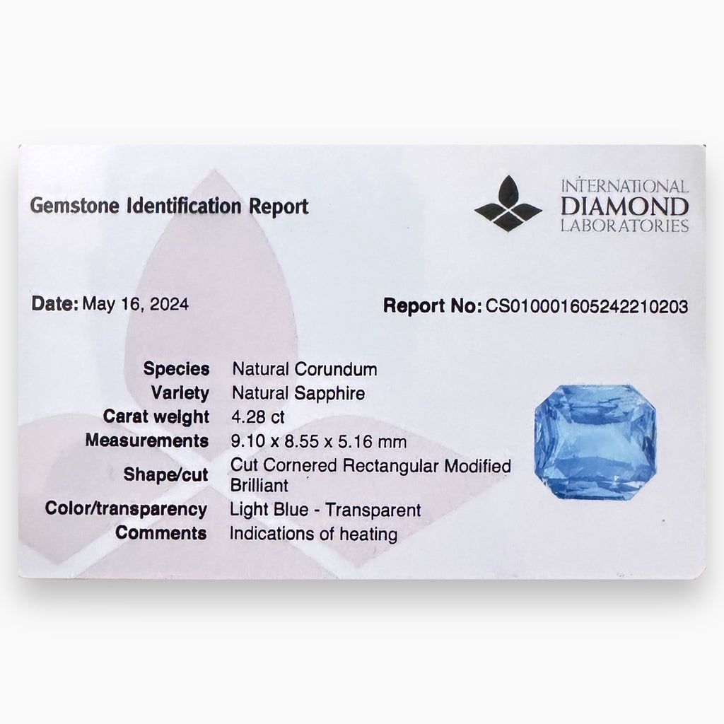 Natural Blue Sapphire Emerald cut 4.28 Carats From Srilanka -IDL Certified