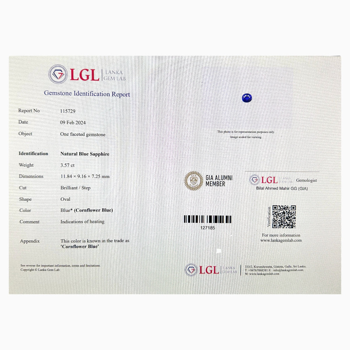 Natural Blue Sapphire Oval Cut 3.57 Carats From Srilanka -IDL Certified