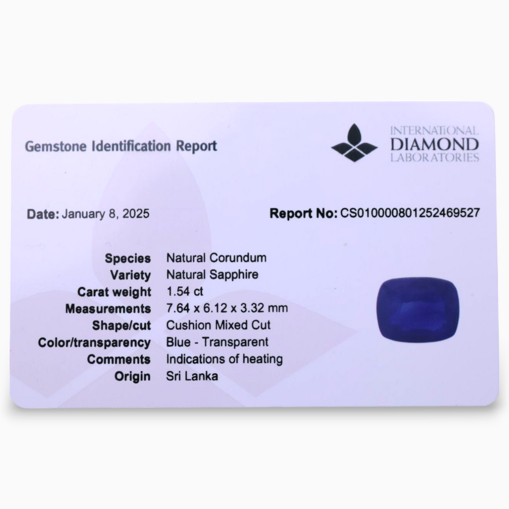 Natural Blue Sapphire Stone 1.54 Carats Cushion Shape 7.64x6.12x3.32mm Size