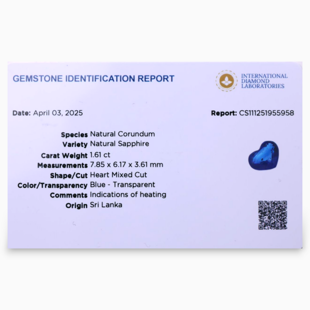 Natural Blue Sapphire Stone 1.61 Carats Heart Shape 7.85x6.17x3.61mm Size