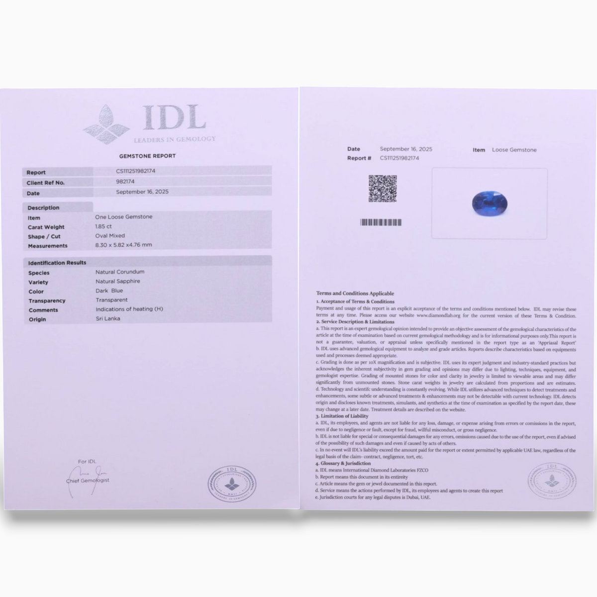 Natural Blue Sapphire Stone 1.85 Carats Oval Shape 8.30x5.82x4.76mm Size Certified By IDL