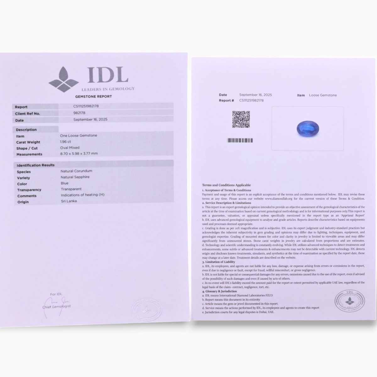 Natural Blue Sapphire Stone 1.96 Carats Oval Shape 8.70x5.98x3.77mm Size Certified By IDL