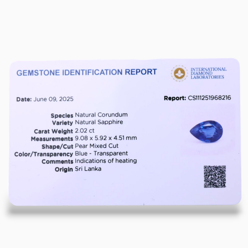 Natural Blue Sapphire Stone 2.02 Carats Pear Shape 9.08x5.92x4.51 mm Size