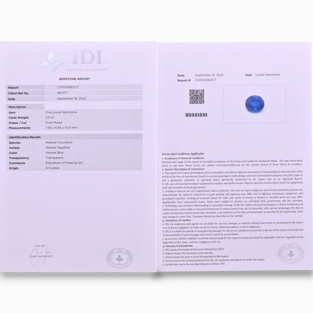Natural Blue Sapphire Stone 2.11 Carats Oval Shape 7.85x6.85x4.57mm Size Certified By IDL