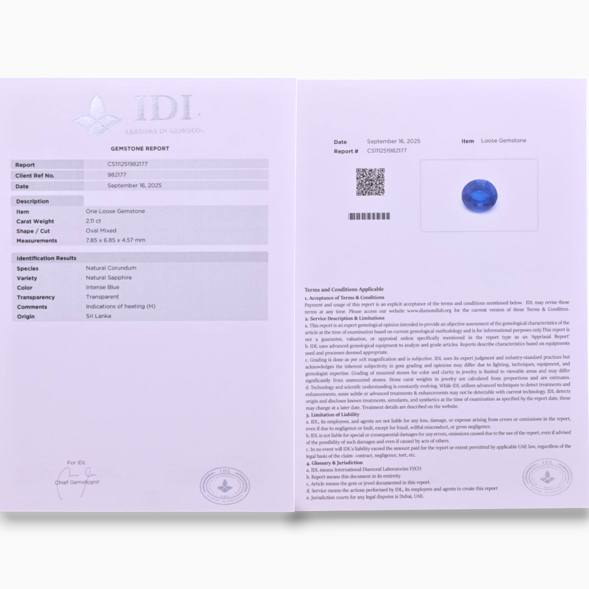 Natural Blue Sapphire Stone 2.11 Carats Oval Shape 7.85x6.85x4.57mm Size Certified By IDL