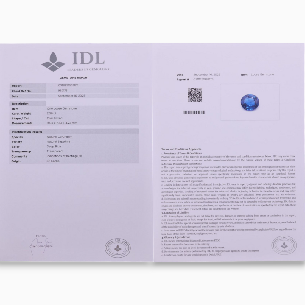 Natural Blue Sapphire Stone 2.56 Carats Oval Shape 9.03x7.83x4.22mm Size Certified By IDL