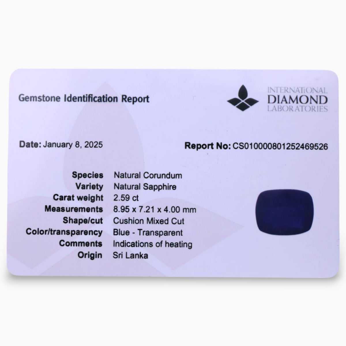 Natural Blue Sapphire Stone 2.59 Carats Cushion Shape 8.95x7.21x4mm Size