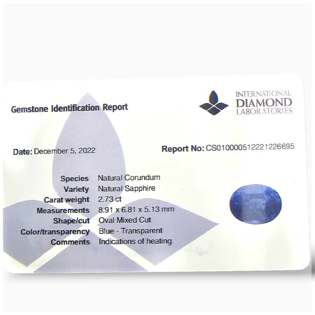 Natural Blue Sapphire Stone 2.73 Carats Oval Shape 8.91x6.81x5.13 mm