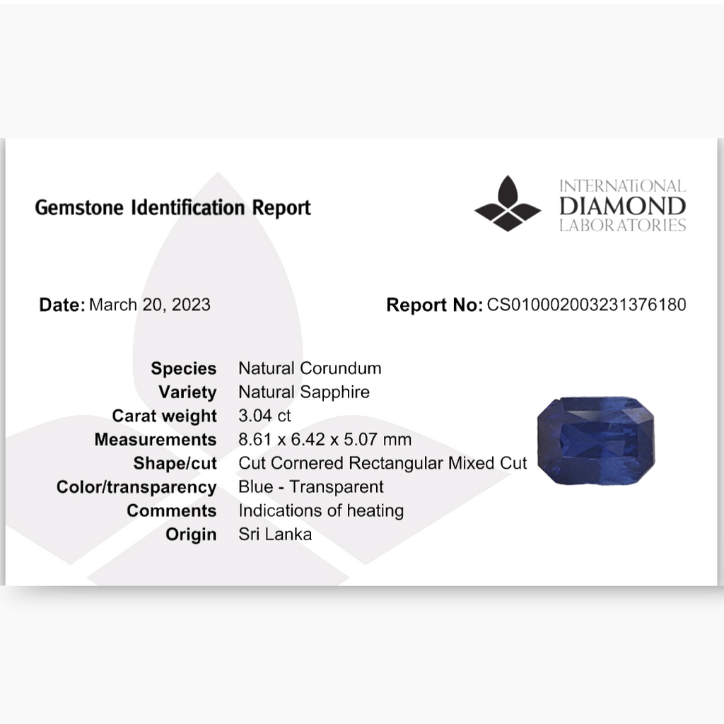 Natural Blue Sapphire Stone 3.04 Carats Emerald Cut Shape 8.6x6.5 mm