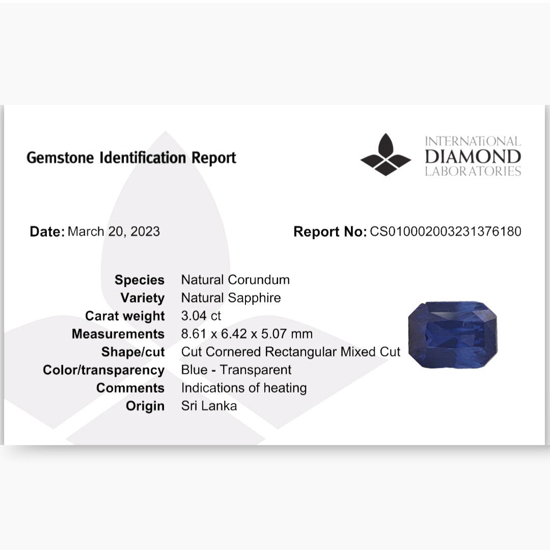 Natural Blue Sapphire Stone 3.04 Carats Emerald Cut Shape 8.6x6.5 mm