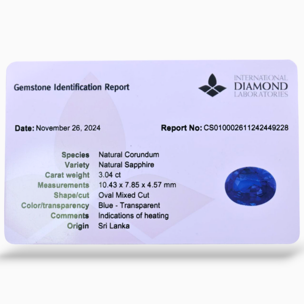Natural Blue Sapphire Stone 3.04 Carats Oval Shape 10.43x7.85x4.57mm Size