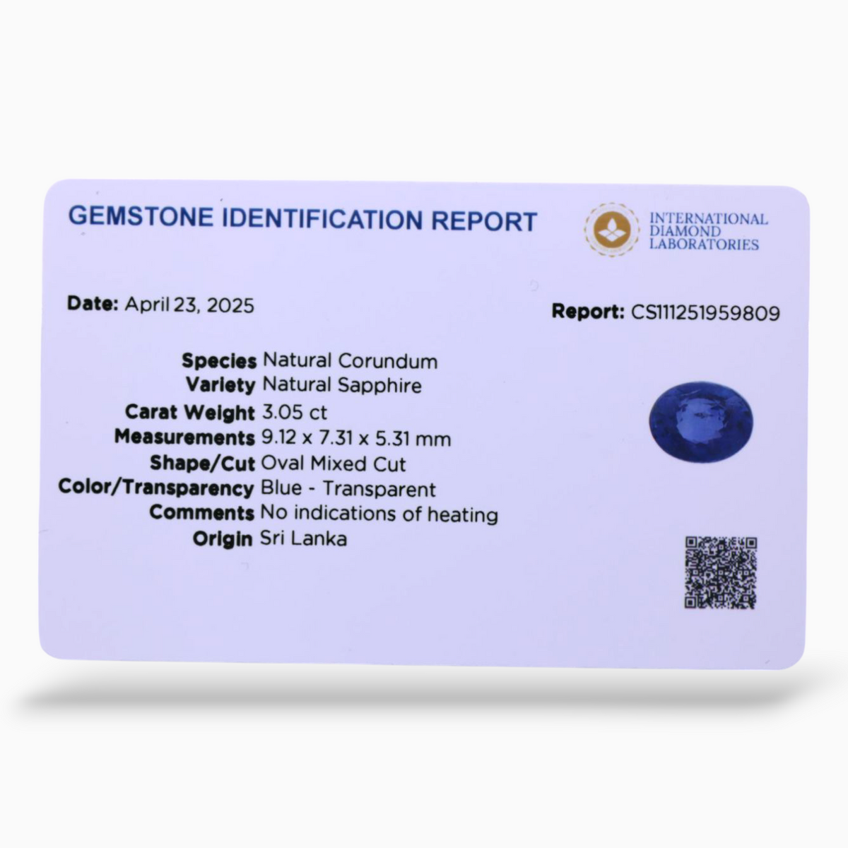 Natural Blue Sapphire Stone 3.05 Carats Oval Shape 9.12×7.31x5.31mm Size