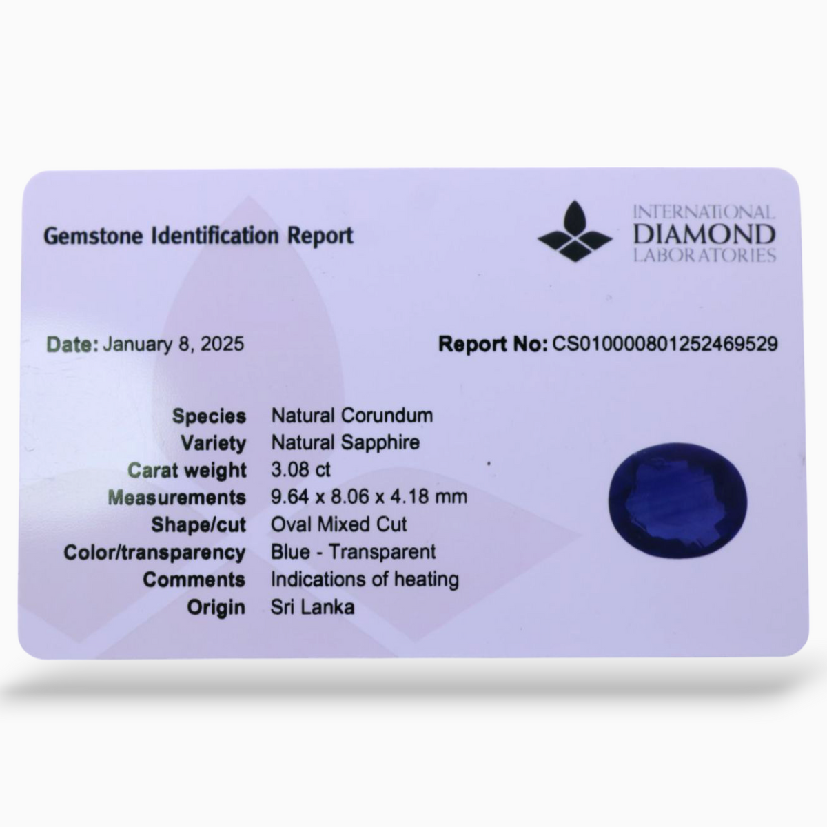 Natural Blue Sapphire Stone 3.08 Carats Oval Shape 9.64x8.06x4.18mm Size