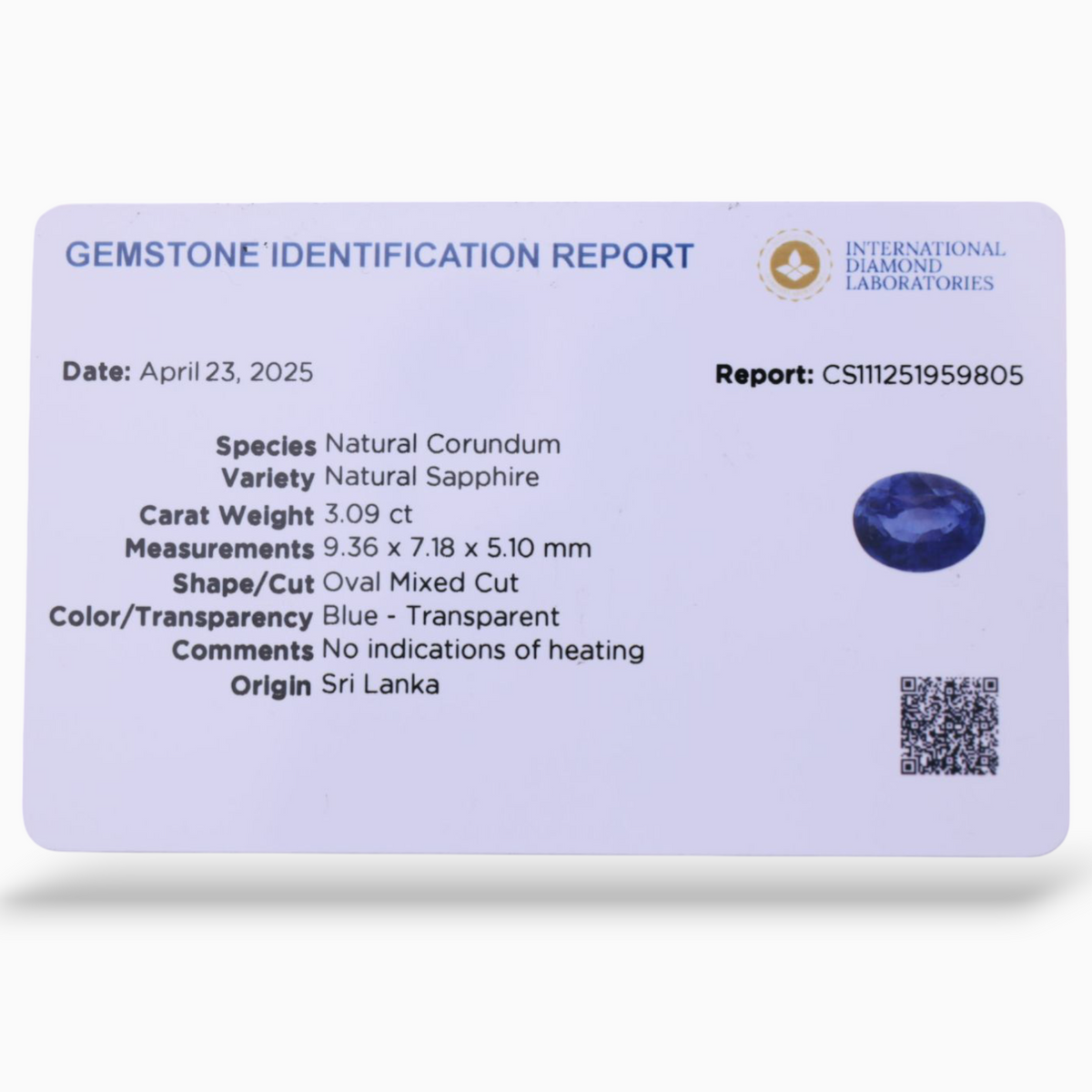 Natural Blue Sapphire Stone 3.09 Carats Oval Shape 9.36×7.18x5.10mm Size Certified By IDL