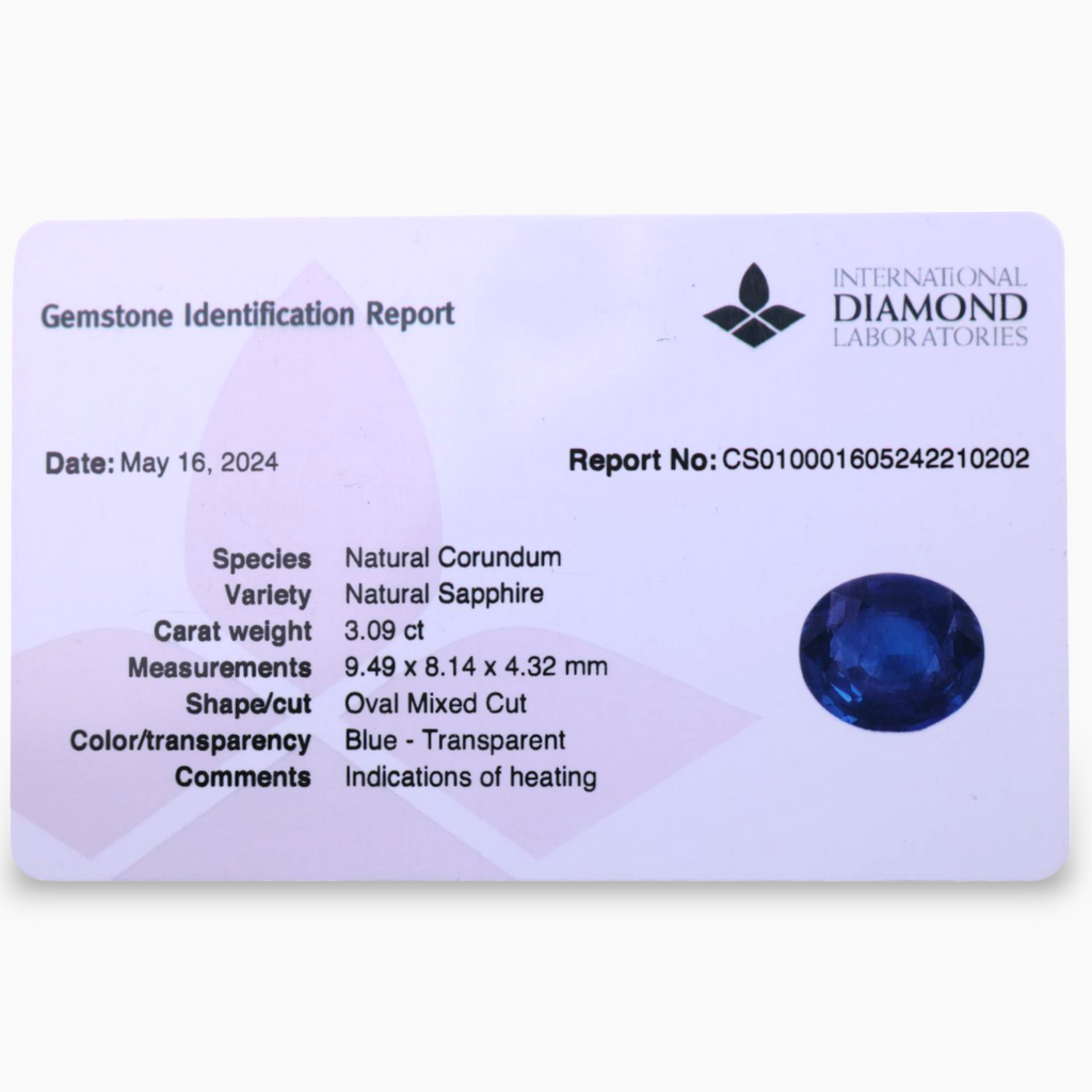 Natural Blue Sapphire Stone 3.09 Carats Oval Shape 9.49x8.14×4.32mm Size