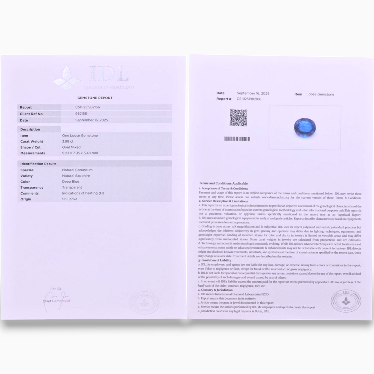 Natural Blue Sapphire Stone 3.98 Carats Oval Shape 9.36×7.18x5.10mm Size Certified By IDL
