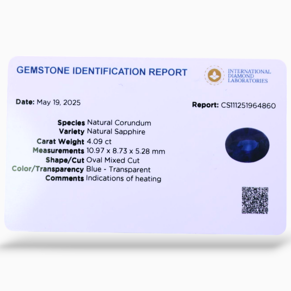 Natural Blue Sapphire Stone 4.09 Carats Oval Shape 10.97x8.73x5.28mm Size