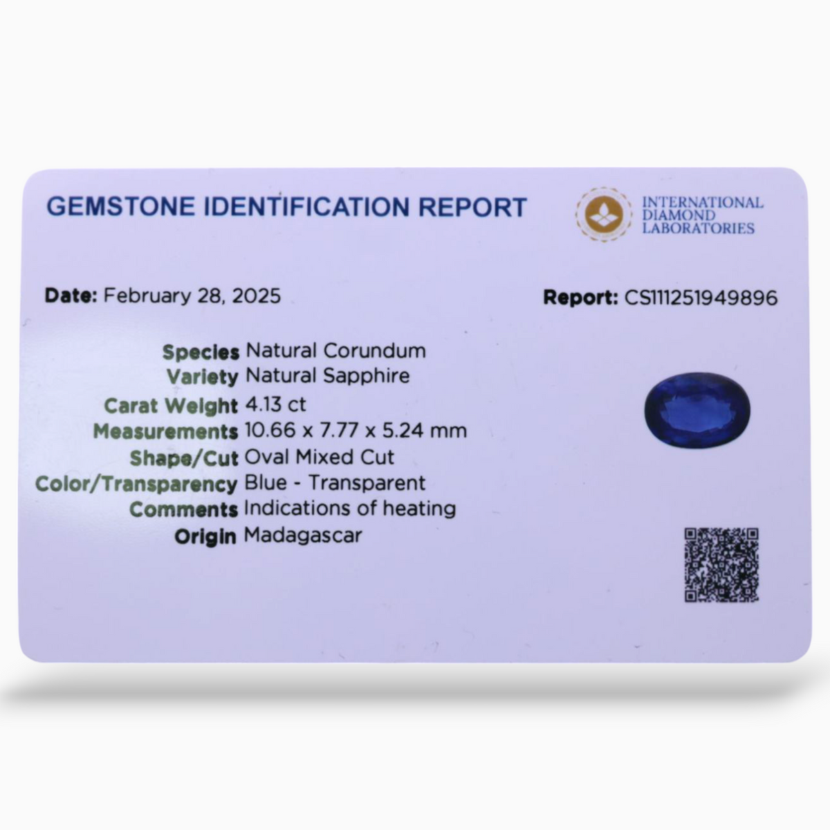 Natural Blue Sapphire Stone 4.13 Carats Oval Shape 10.66x7.77x5.24mm Size