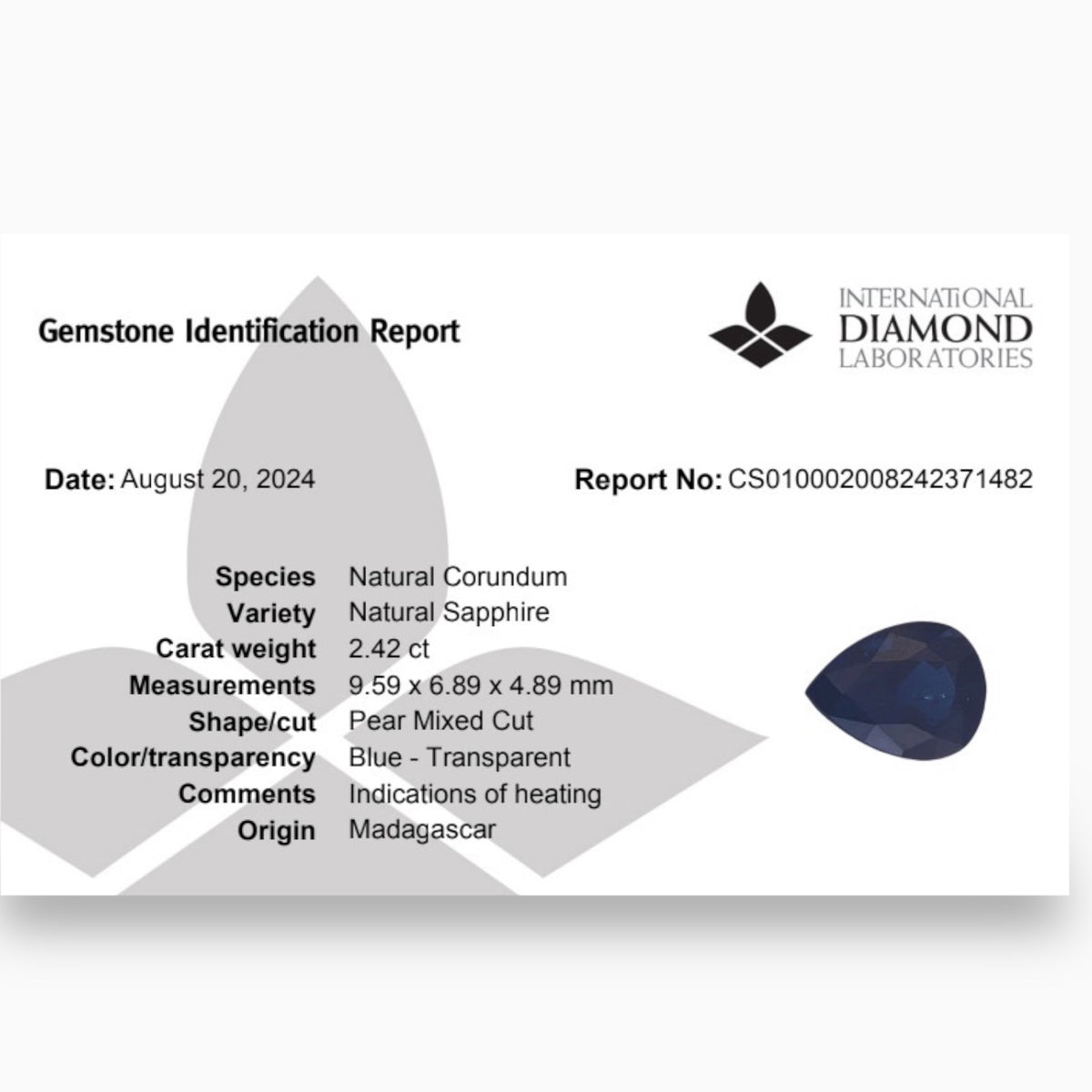 Natural Blue Sapphire Stone Pear Shape 2.42 Carats