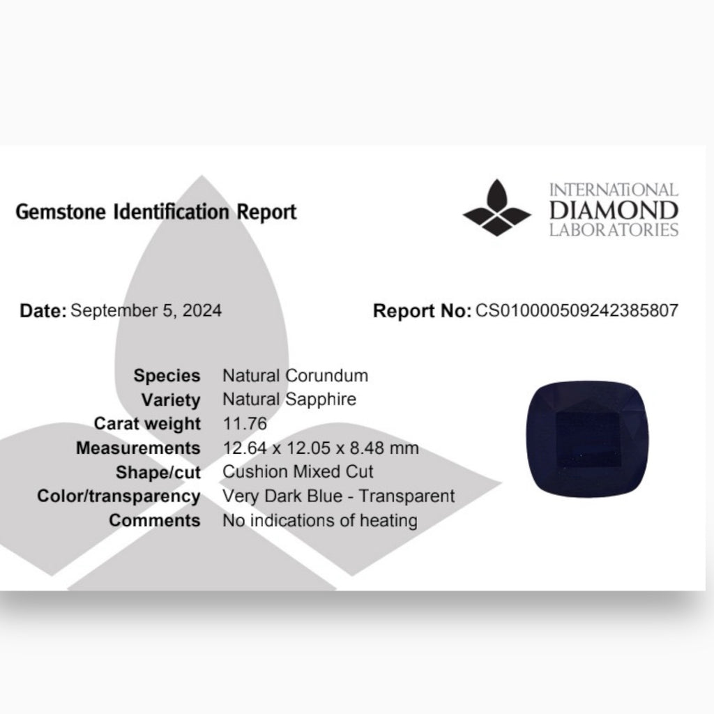 Natural Bluish Black Sapphire Cushion Cut 11.76 Carats -UnHeat