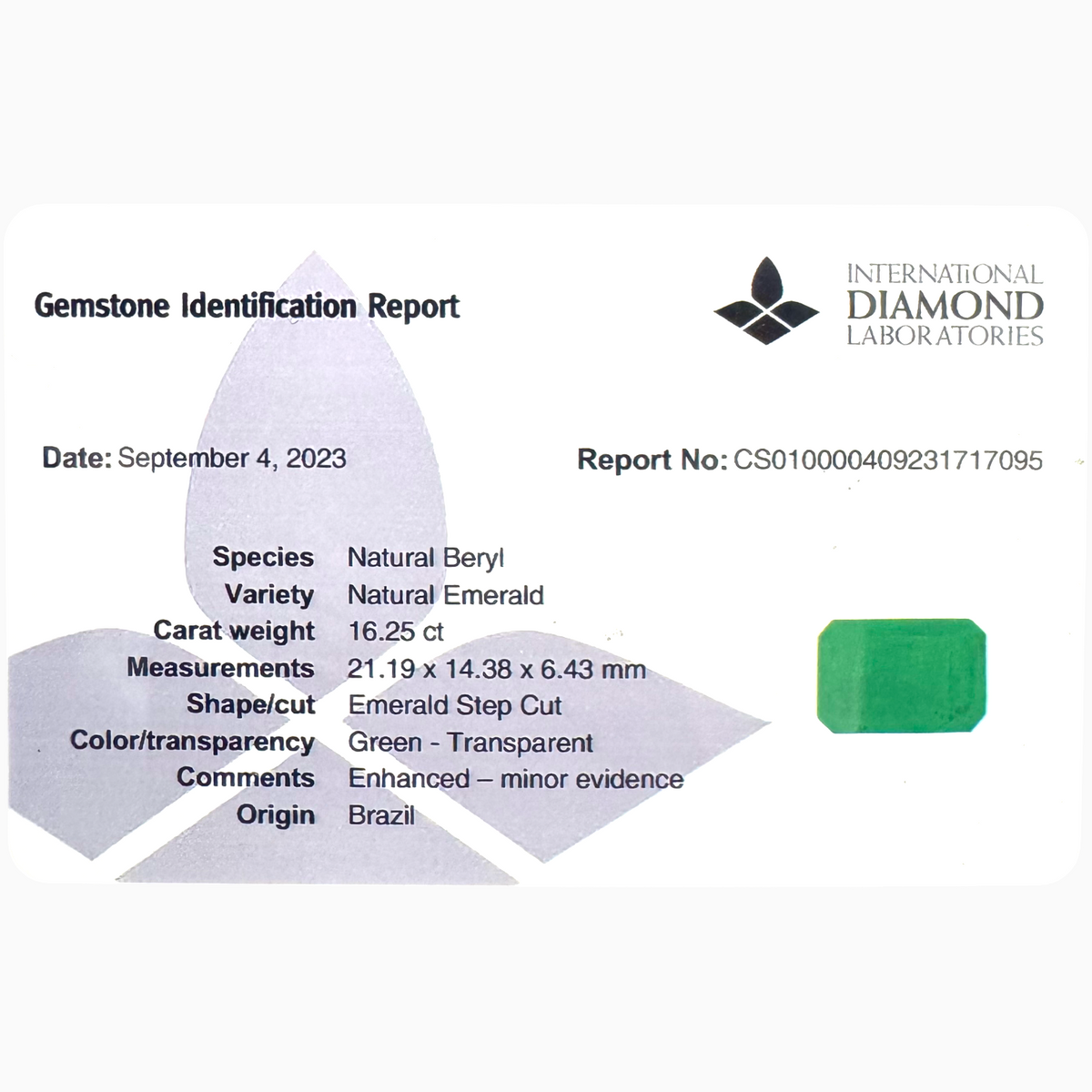 Natural Brazilian Emerald Stone 16.25 Carats Emerald Cut 21.9x 14.38x 6.43 mm Idl Certified