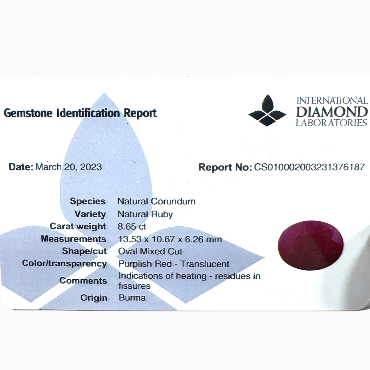 Natural Burmese Ruby Manik Stone 8.65 Carats Oval Cut  13.53x10.67x6.26 mm