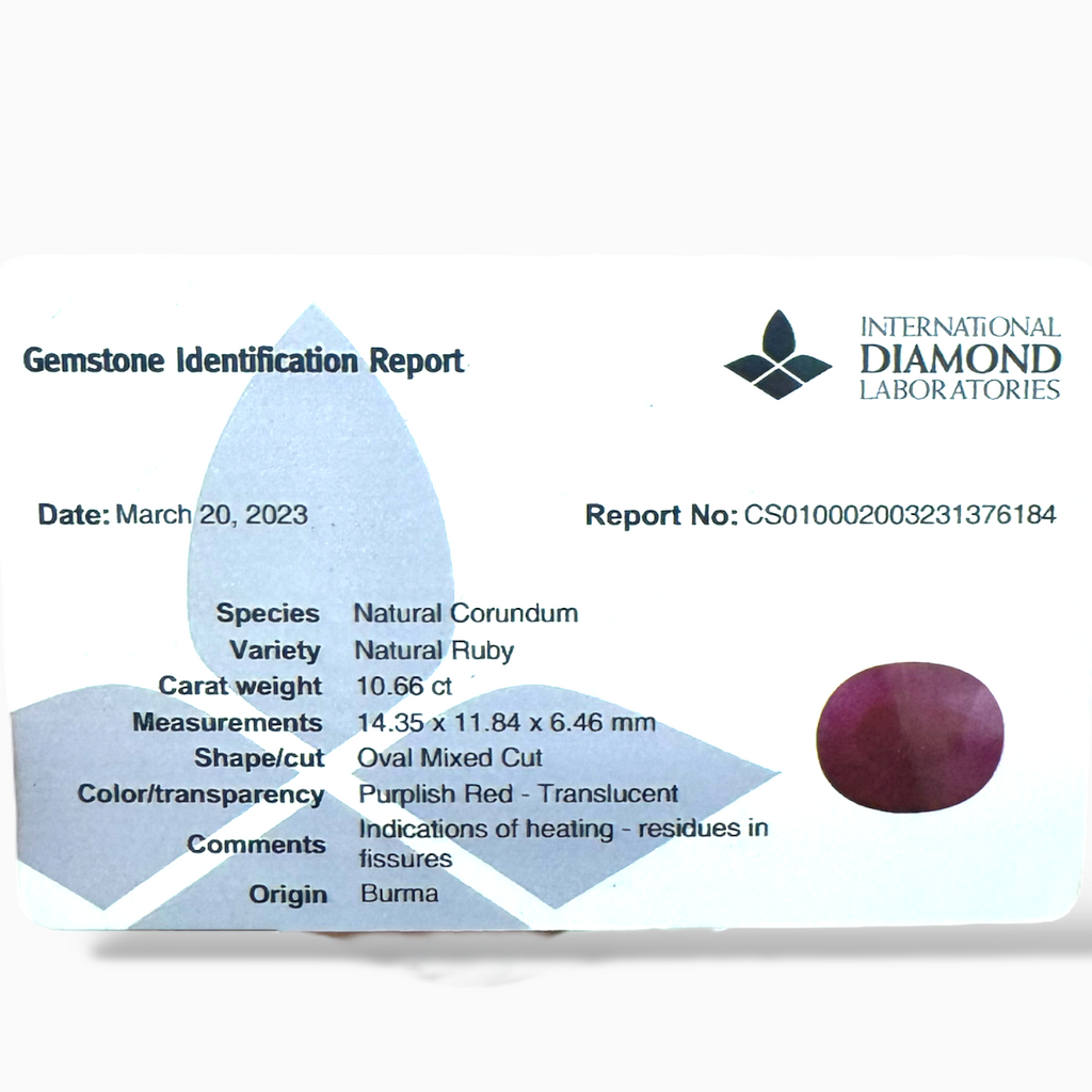 Natural Burmese Ruby Manik Stone Oval Cut 10.66 Carats , 14.35x11.84x6.46 mm From Burma