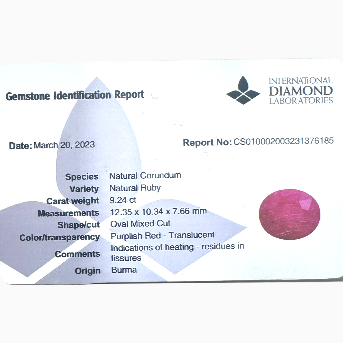 Natural Burmese Ruby Manik Stone Oval Cut 9.24 Carats , 12.35x10.34x7.66 mm From Burma