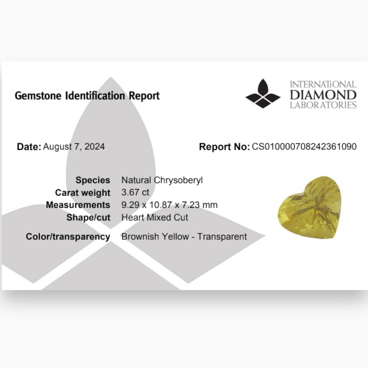 Natural Chrysoberyl Stone Heart Shape 3.67 Carats
