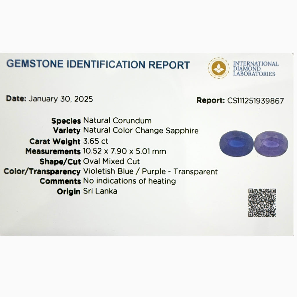 Natural Color Change Sapphire Stone Oval Cut 3.65 Carats Violetish Blue Change To Purple Srilanka No Heat