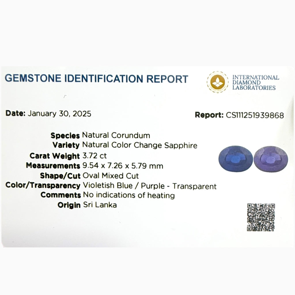 Natural Color change Sapphire Oval Shape 3.72 Carats Srilanka No Heat-IDL Certified