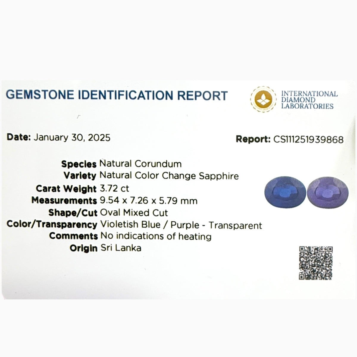 Natural Color change Sapphire Oval Shape 3.72 Carats Srilanka No Heat-IDL Certified