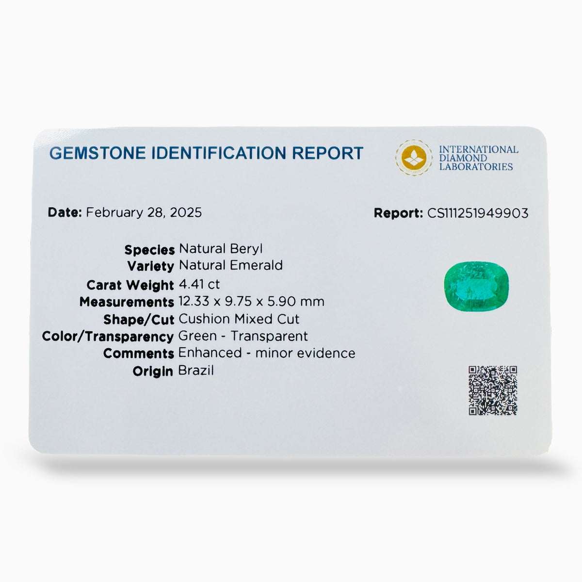 Natural Emerald Cushion Cut Stone 4.41 Carats 12.33 X 9.75 X 5.90 mm From Brazil