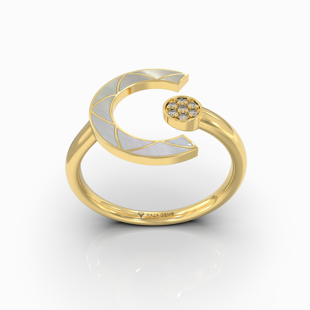 Alannah - 18K Gold Crescent Open Ring with Natural Pearl & Moissanite Accent