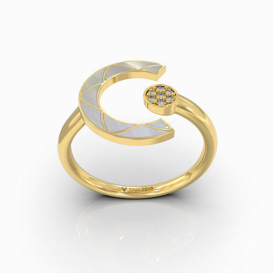 Alannah - 18K Gold Crescent Open Ring with Natural Pearl & Moissanite Accent