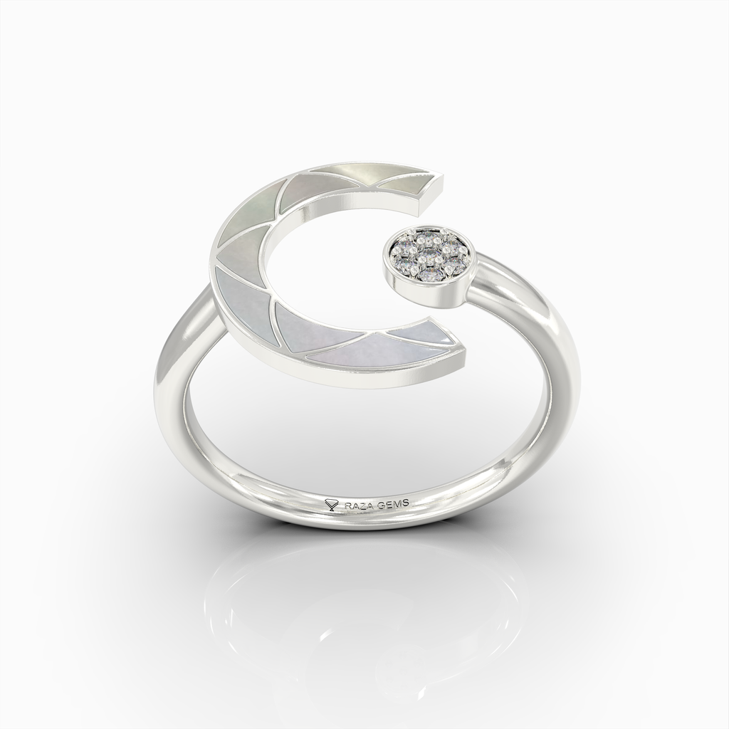 Alannah - 18K Gold Crescent Open Ring with Natural Pearl & Moissanite Accent