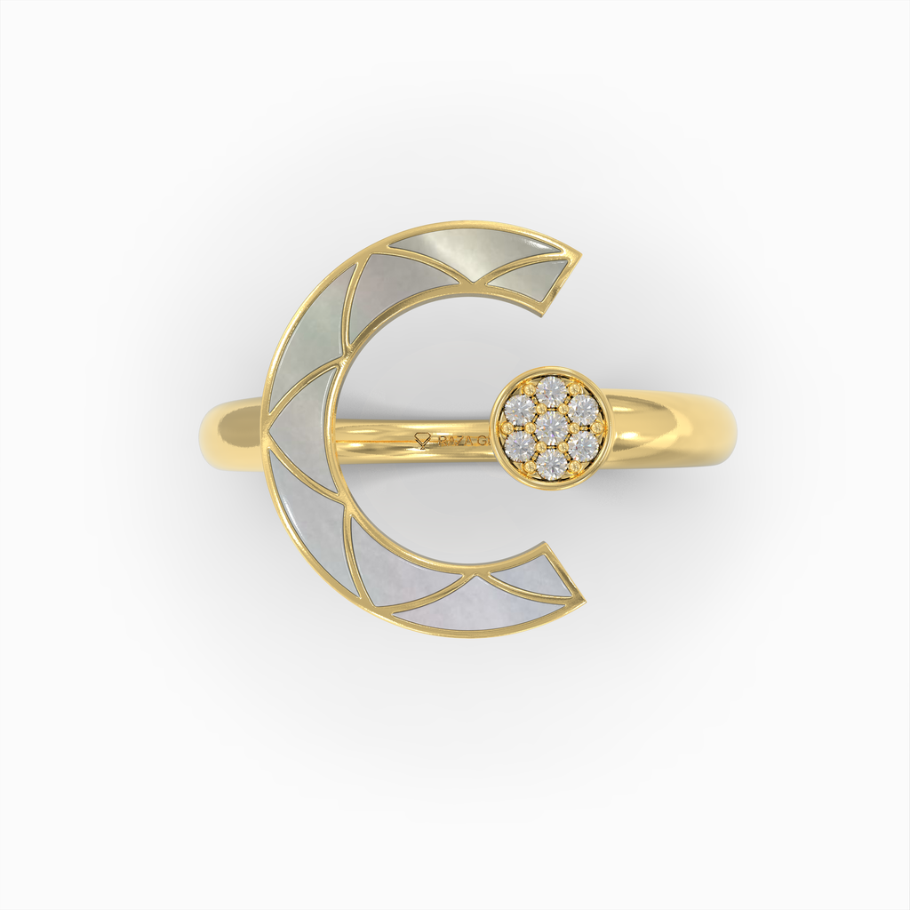 Alannah - 18K Gold Crescent Open Ring with Natural Pearl & Moissanite Accent