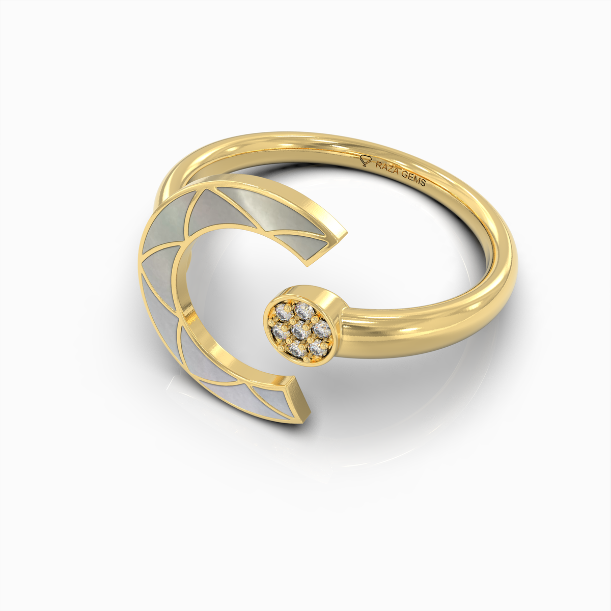 Alannah - 18K Gold Crescent Open Ring with Natural Pearl & Moissanite Accent