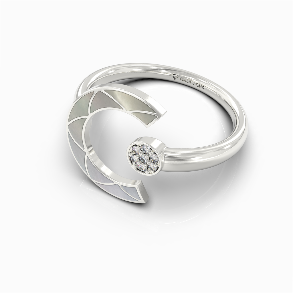 Alannah - 18K Gold Crescent Open Ring with Natural Pearl & Moissanite Accent