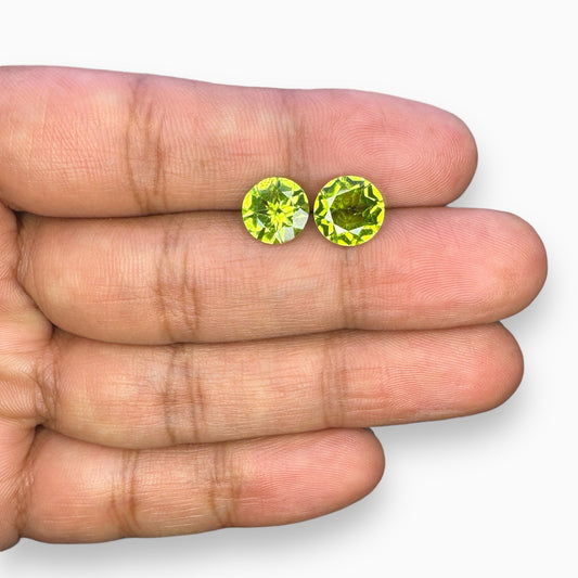 Natural Peridot Round Cut Pair 5.35 Carats, 9 mm