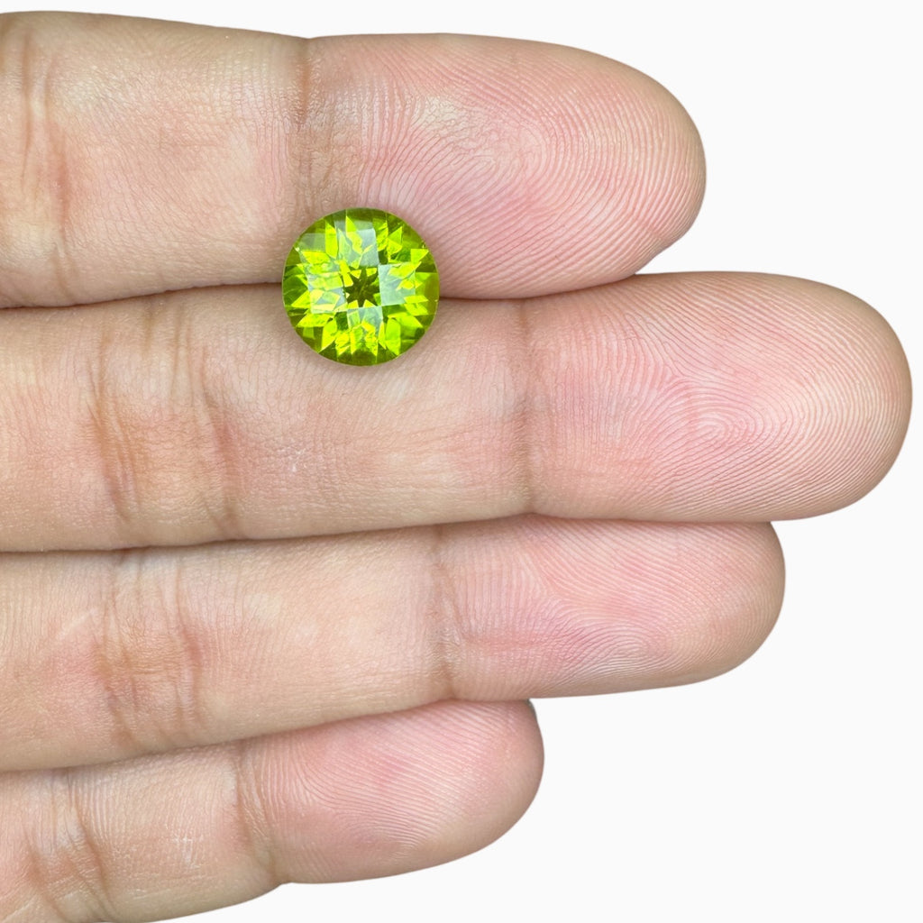 Natural Peridot Round Checker Cut Stone 3.78 Carats 10 mm