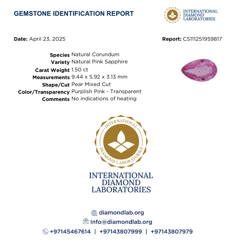 Natural Pink Sapphire 1.50 Carats in Pear Shape & 9.44x5.92x3.13mm Size