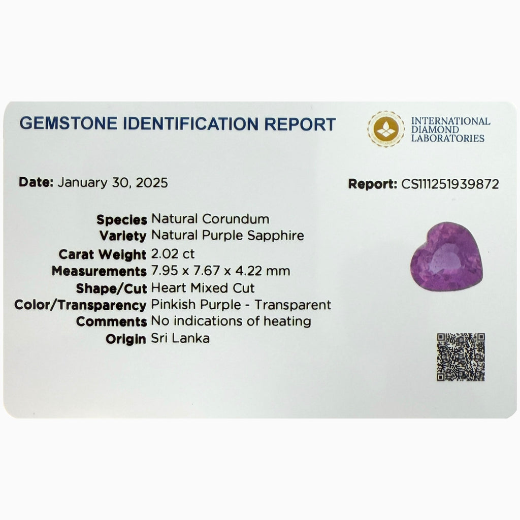 Natural Purple Sapphire Heart Shape 2.02 Carats No Heat From Srilanka