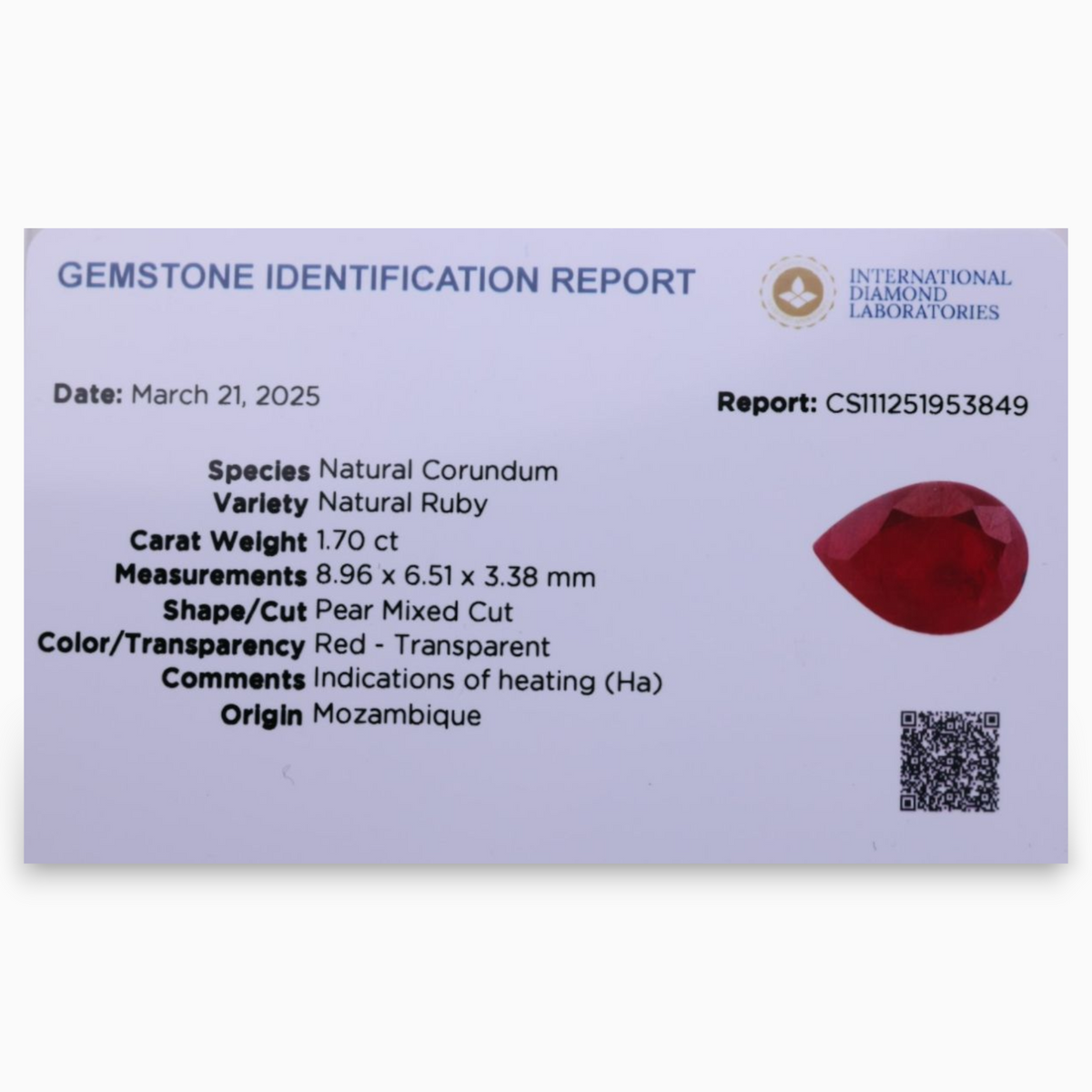 Natural Ruby Stone 1.70 Carats Pear Shape 8.96x6.51x3.38mm Size
