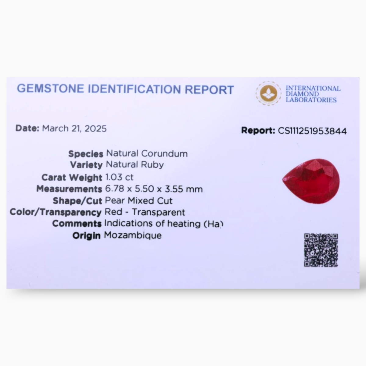 Natural Ruby Stone 1.03 Carats Pear Shape 6.78x5.50x3.55mm Size