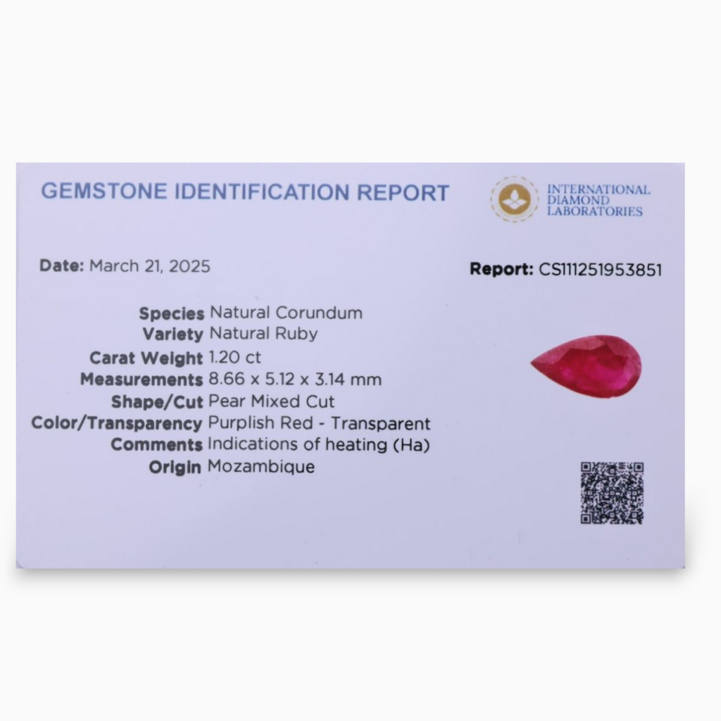 Natural Ruby Stone 1.20 Carats Pear Shape 8.66x5.12x3.14mm Size