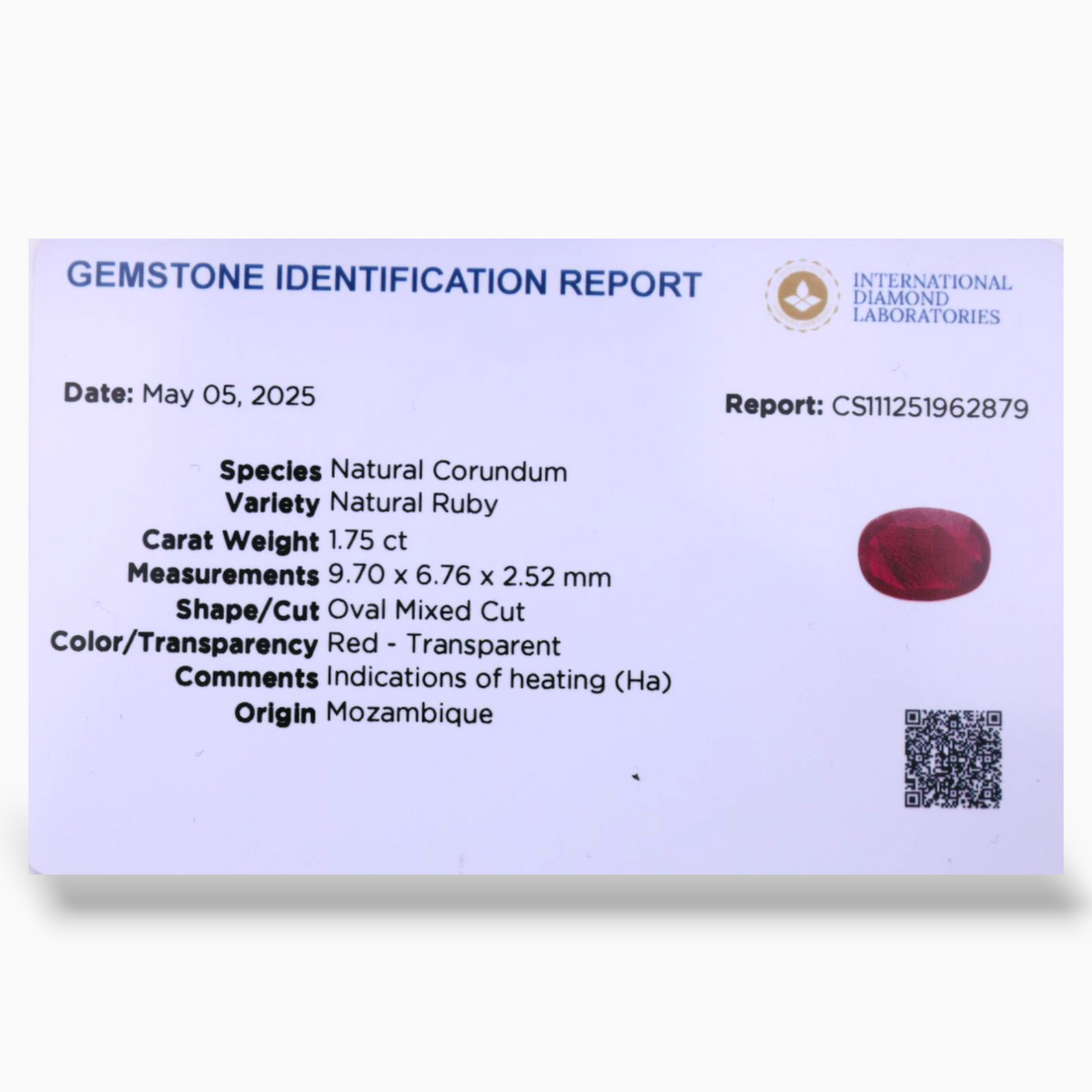 Natural Ruby Stone 1.75 Carats Oval Shape 9.70x6.76x2.52mm Size