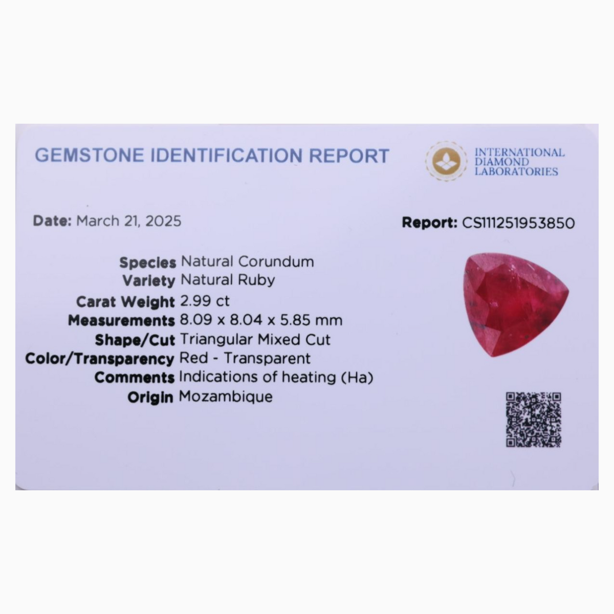 Natural Ruby Stone 2.99 Carats Triangular Shape 8.09x8.04x5.85mm Size