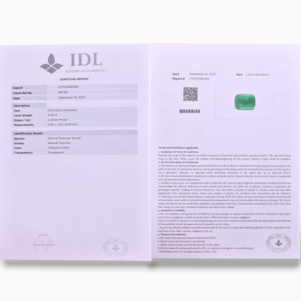 Natural Tsavorite Stone 4.06 Carats Cushion Shape 9.98x7.20x6.48mm Size Certified By IDL