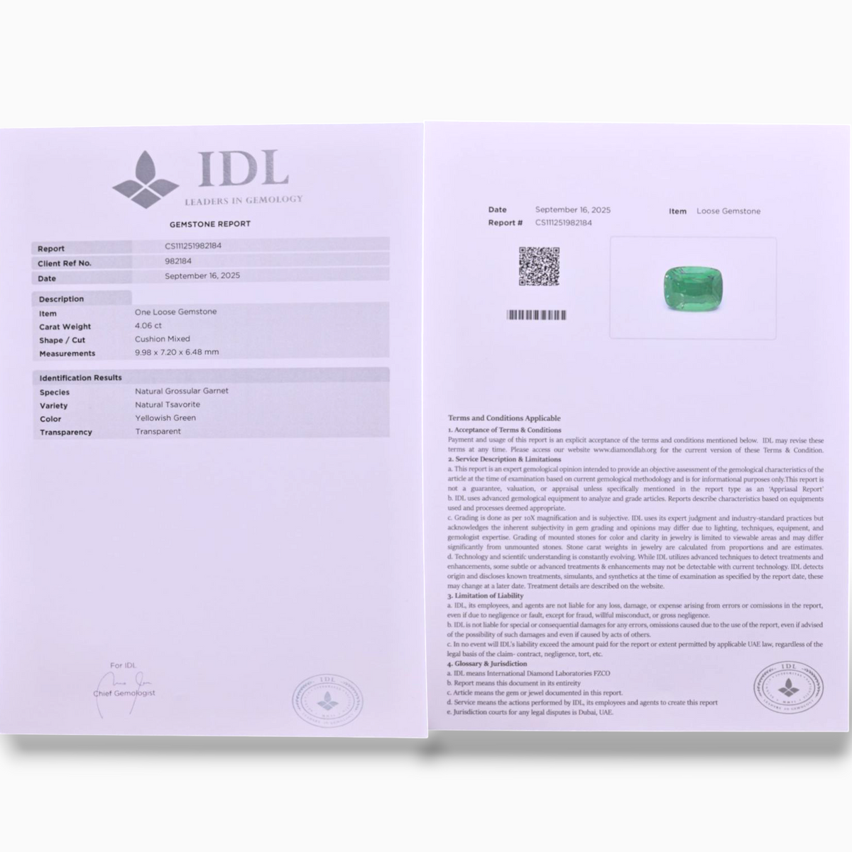 Natural Tsavorite Stone 4.06 Carats Cushion Shape 9.98x7.20x6.48mm Size Certified By IDL